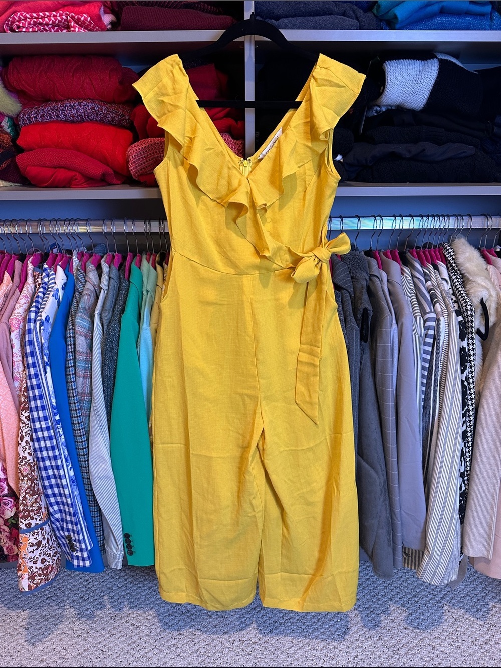Davi & Dani yellow sleeveless front tie back zipper wide leg jumpsuit size S NWT
